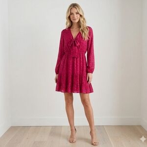 Bar III Women Mini Dress Siz Medium Print Tie Neck Tiered Long Sleeve  Dress
